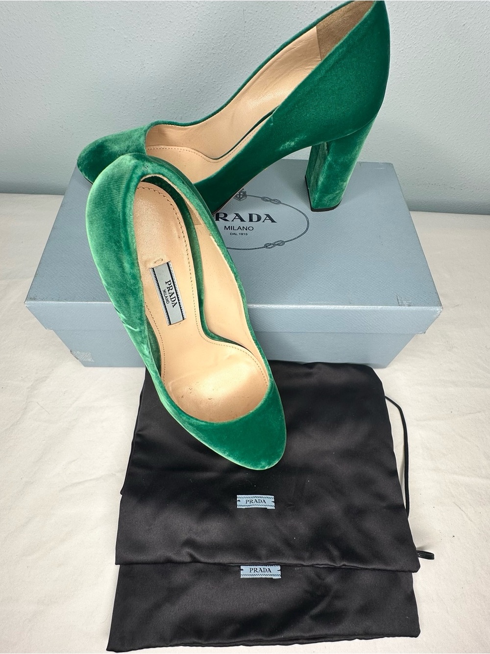 Prada Emerald Green Velvet Block Heel Pumps